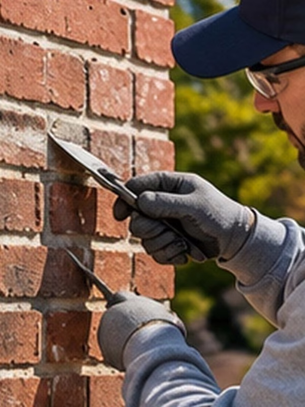 Worker applying mortar to the joints of a brick chimney