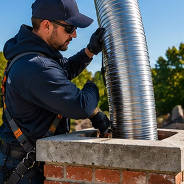 Technician working on a metal chimney cap on a residential roof